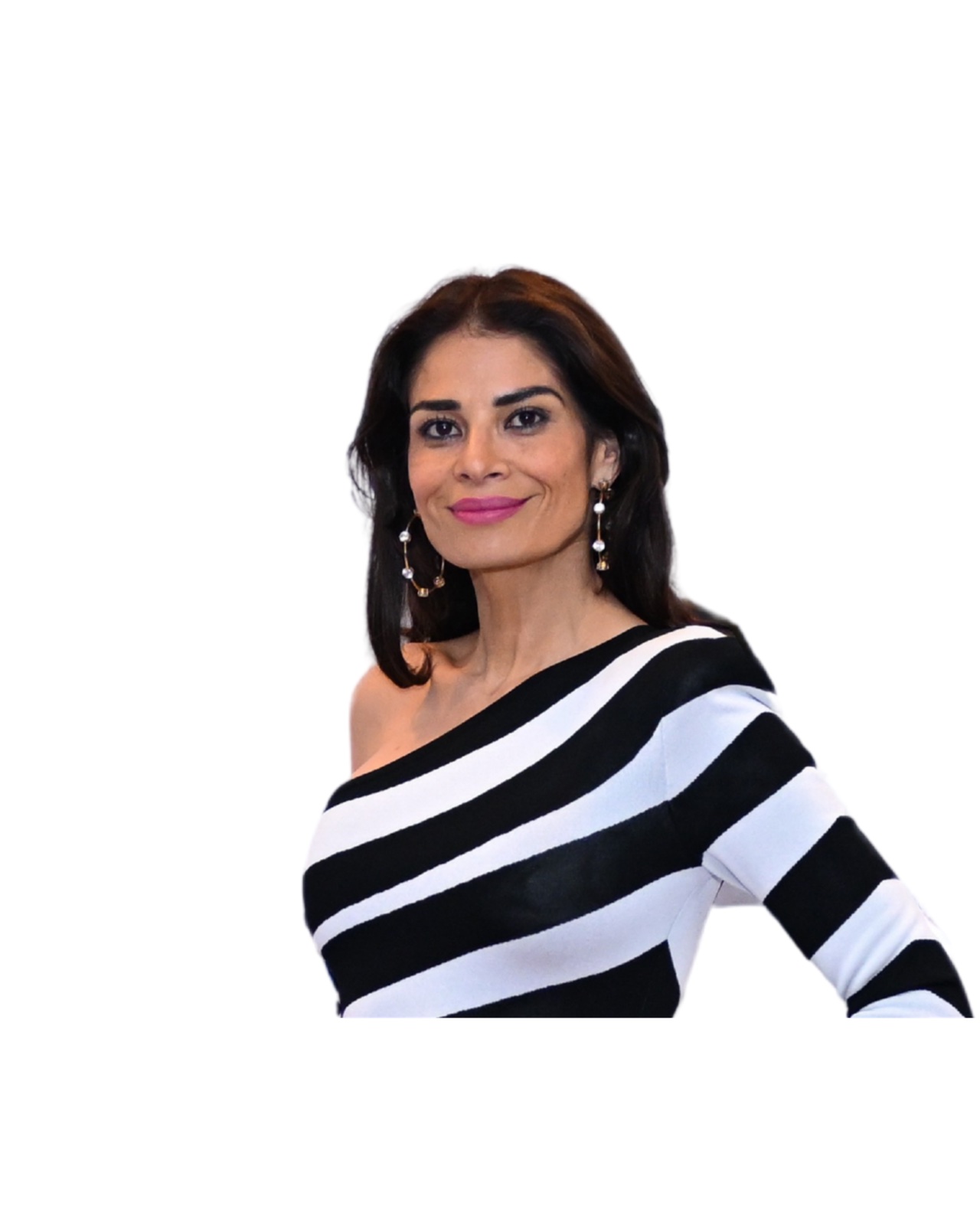 Renata Solomou — close-up portrait in a black and white striped dress